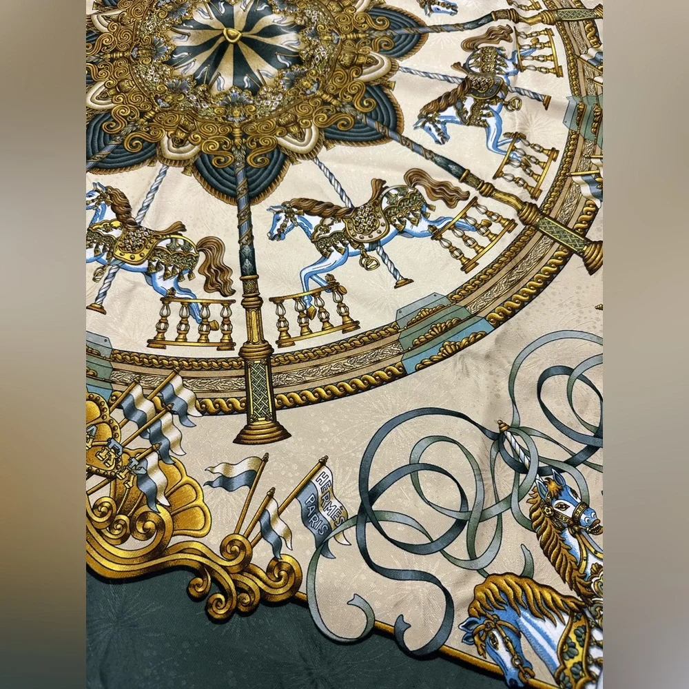 Hermes Silk Reversible Opera Scarf LUNA PARK Carrousel Print; 70.5x11.5" - Picture 5 of 13